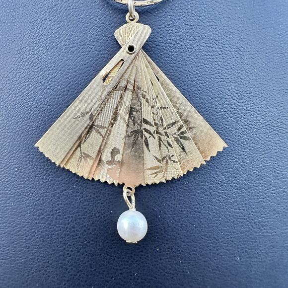 Vintage Phoenix Fan Pendant Necklace Articulated Gold Tone Faux Pearl Fenghuang - Picture 2 of 5